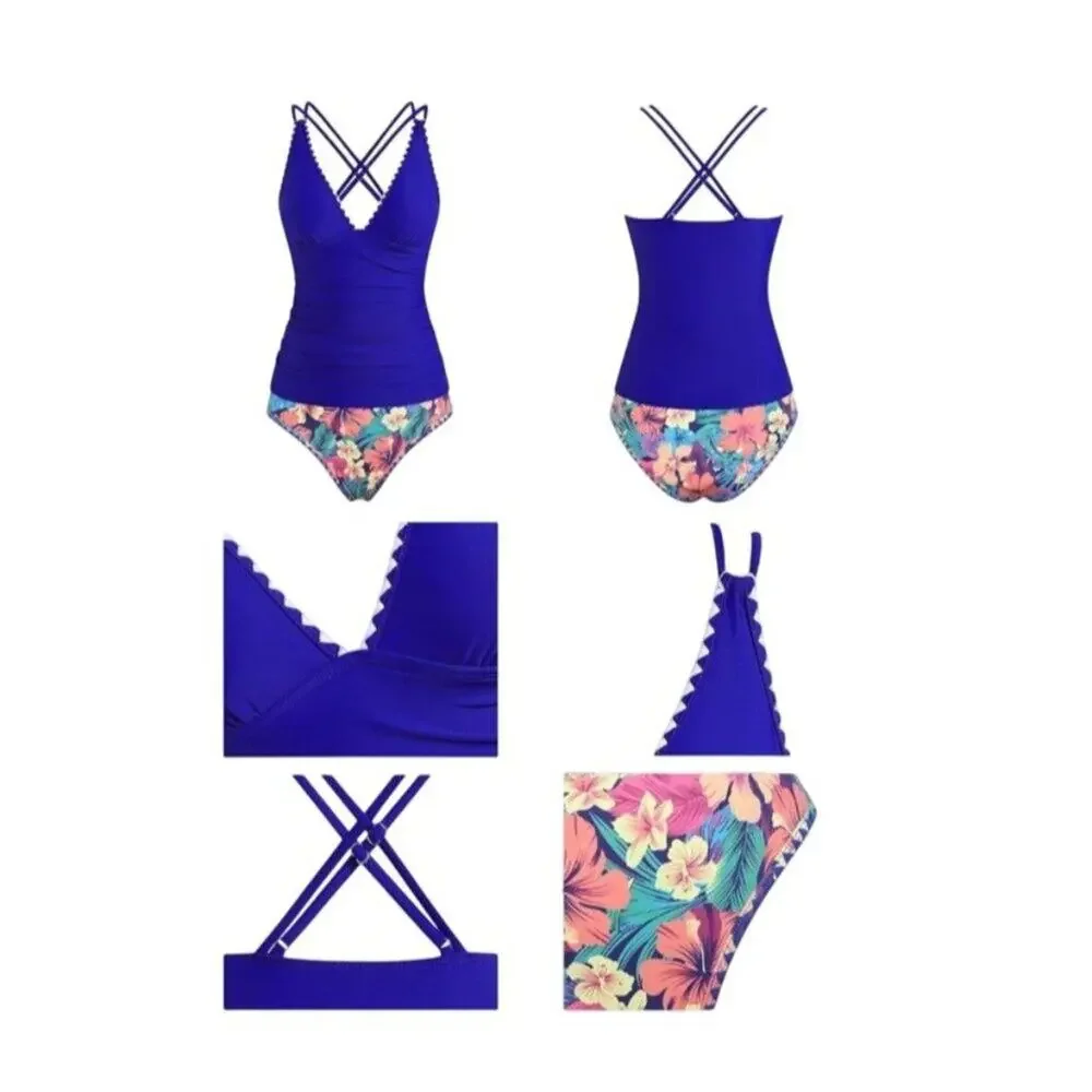 Zaful Women Floral Tankini Set Crisscross Strap Bikini 2 Piece XL NWT